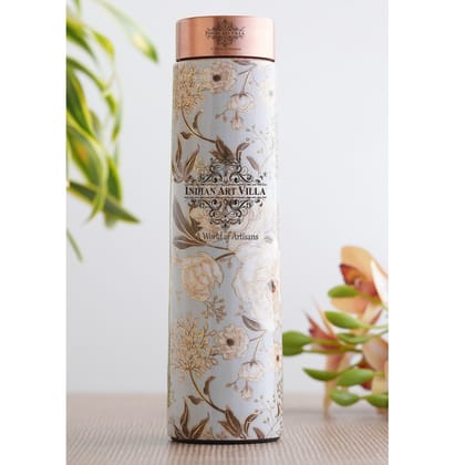 Pure Copper Handcrafted Water Bottle With Gold Flower Print Design, 800 ML-FlowerPrint