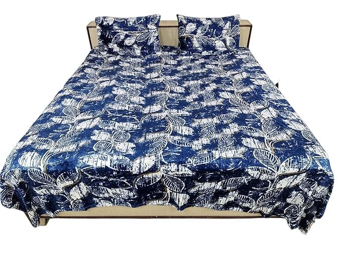 Velvet bedsheet Set with Pillow Covers, 100% Velvet, Navy Blue and White Floral Pattern, 229 cm x 254 cm