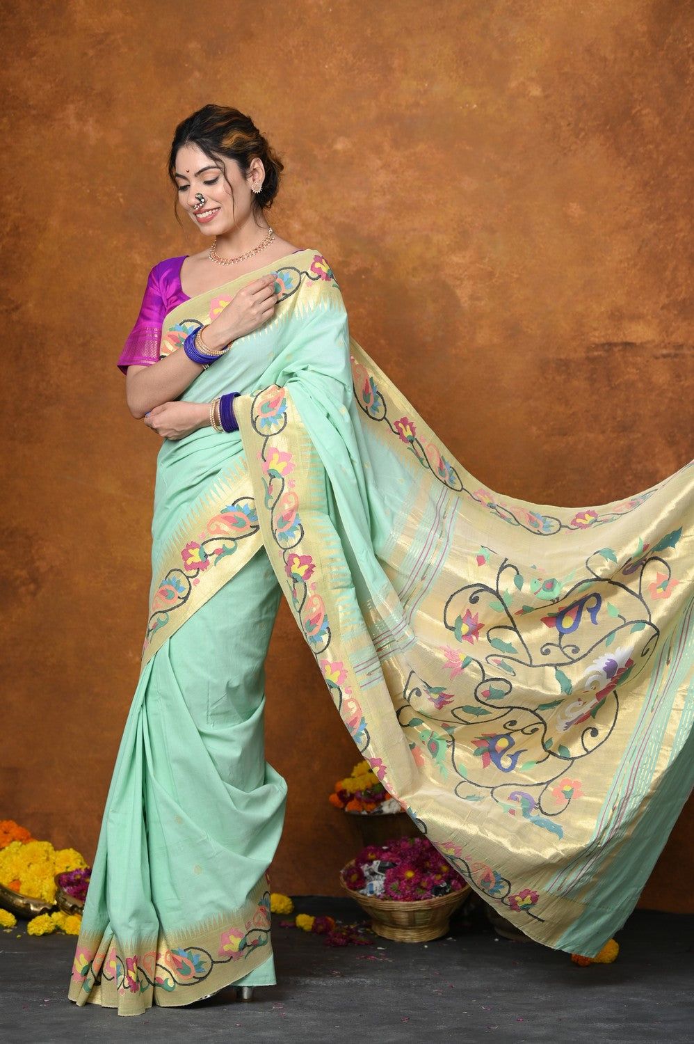 EXCLUSIVE! VMI Designed Handloom Pure Cotton Paithani With Traditional Handloom Border ~ Sea Green (2.5 months of weaving)