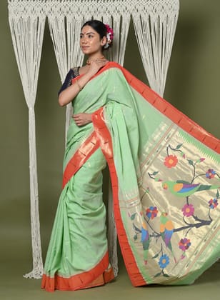 EXCLUSIVE! Handloom Pure Cotton Muniya Border Paithani in Pista Green With Zari Parrot pallu