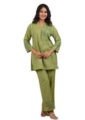 Womens Stunning Cotton Co Ord Set With Chick Pleated TopWith Embroidery.