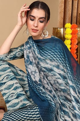 Blue Pure Cotton Ethnic Motifs Printed Yoke Design Suit Set VKSKD2044