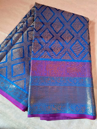 Royal Banarasi Kota Silk Saree with Blouse  Majestic Blue & Purple Weave