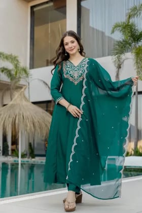 Vaidehi Fashion Bottle Green Chinon Kurta Set with Embroidered Yoke & Sheer Organza Dupatta Embroidered Anarkali Kurta, Bottom & Dupatta Set Vaidehi Fashion Bottle Green Chinon Kurta Set with Embroidered Yoke & Sheer Organza Dupatta Embroidered Anarkali Kurta, Bottom & Dupatta Set