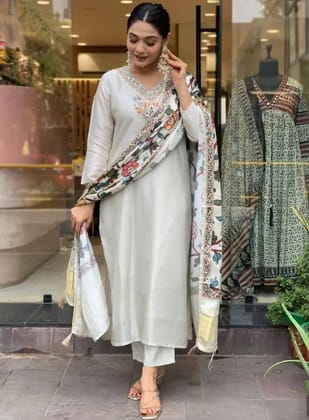 Women's Beige Viscose Chanderi Embroidery Worked V Shape Kurta Sets