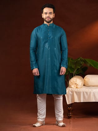 Teal Embroidery Kurta Set-XS/36 / Kurta Churidaar Set