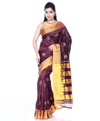 Pure Silk Ilkal Saree with Kasuti Embroidery in Dark Maroon