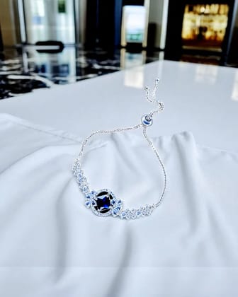 Silver-Plated Blue Crystal Matrix Tennis Bracelet for Women – Elegant Stone Design  by Print Magical Gifts
