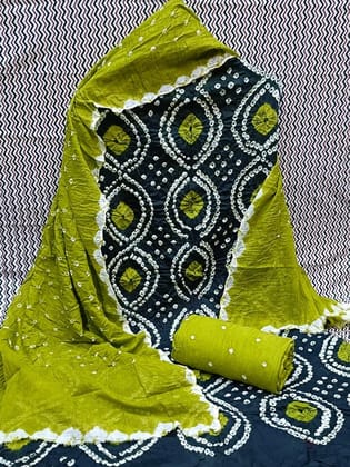 Cotton Contrast Leheriya Bnadhej work Bandhani Dress Material-Unstitched / Blue-Mehendi Green