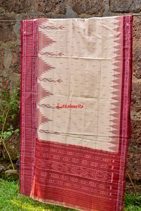Off White Maroon Check Daali Scot Khandua Cotton Saree
