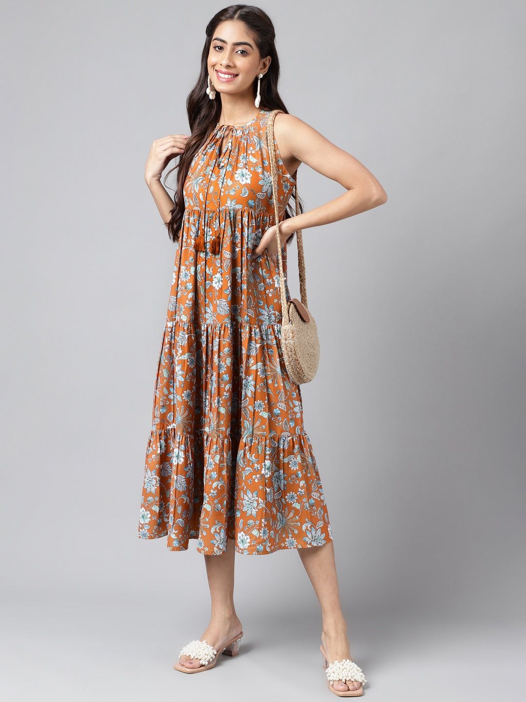Floral Printed Tie Up Neck Gathered or Pleated A-Line Midi Tiered Dress
