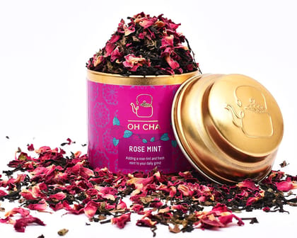 Oh Cha Rose Tea with Mint | Herbal Tea for Weight Loss| Natural Rose Petals and Peppermint Leaves | Low Caffeine Herbal Rose Petal Tea for Healthy Skin & Hair | 100% Whole Leaf Tea, 35 gm