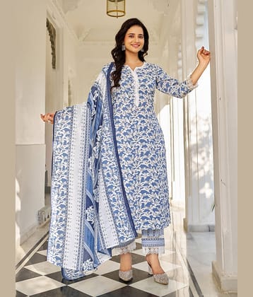 VIBE VISION Cotton Blend Printed Kurti With Pants Women's Stitched Salwar Suit - Blue ( Pack of 1 )