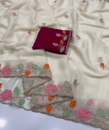 Star Georgette saree with embroidery work all over saree and beautiful  flower  design with cut work border