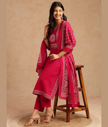 Vbuyz Women Cotton Printed Straight Kurti With Pants ( Wine )