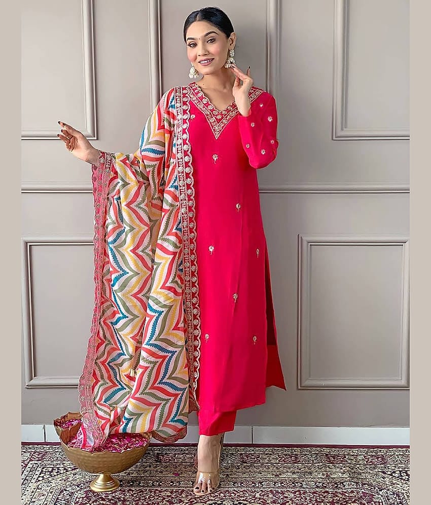 kedar fab Women Cotton Blend Embroidered A-line Kurti With Pants ( Pink )