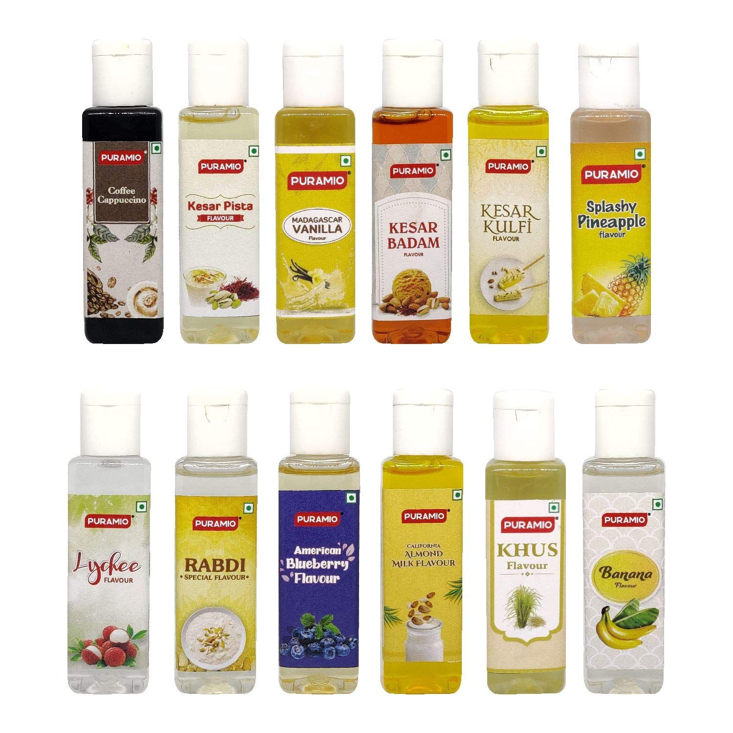 Puramio Liquid Food Concentrated Flavours (Vanilla, Pineapple, Coffee, Almond Milk, Blueberry, Khus, Kesar Pista, Kesar Badam, Kesar Kulfi, Rabri, Lychee, Banana), 30 ml Each Pack of 12