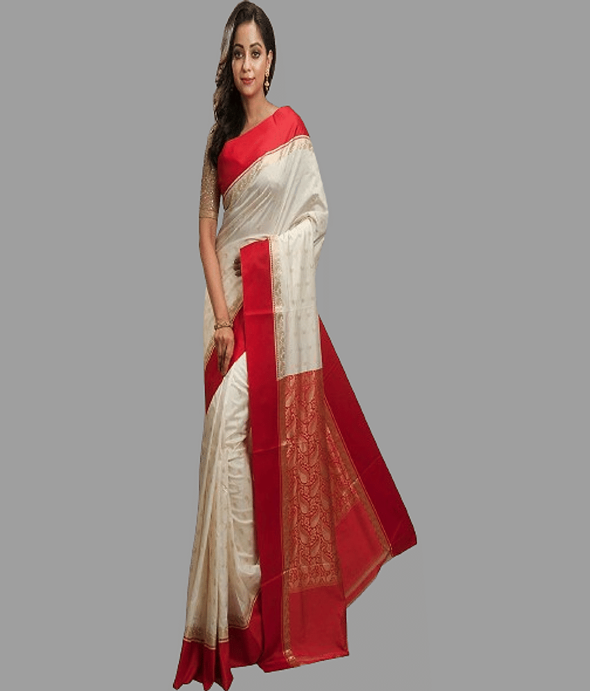 shopeezy tex fab Art Silk Embellished Saree With Unstitched Blouse Piece ( Off White )