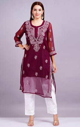 MRS RIGHT CHIKANKARI MIRROR EMBROIDERED MAROON KURTI