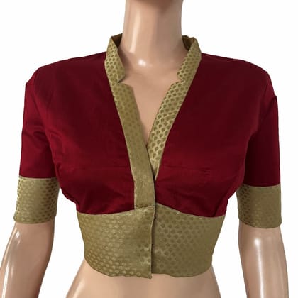 Art Silk V Collar with Banarasi Brocade Patches Blouse and  Lining, Beige -Maroon ,BS1185-S