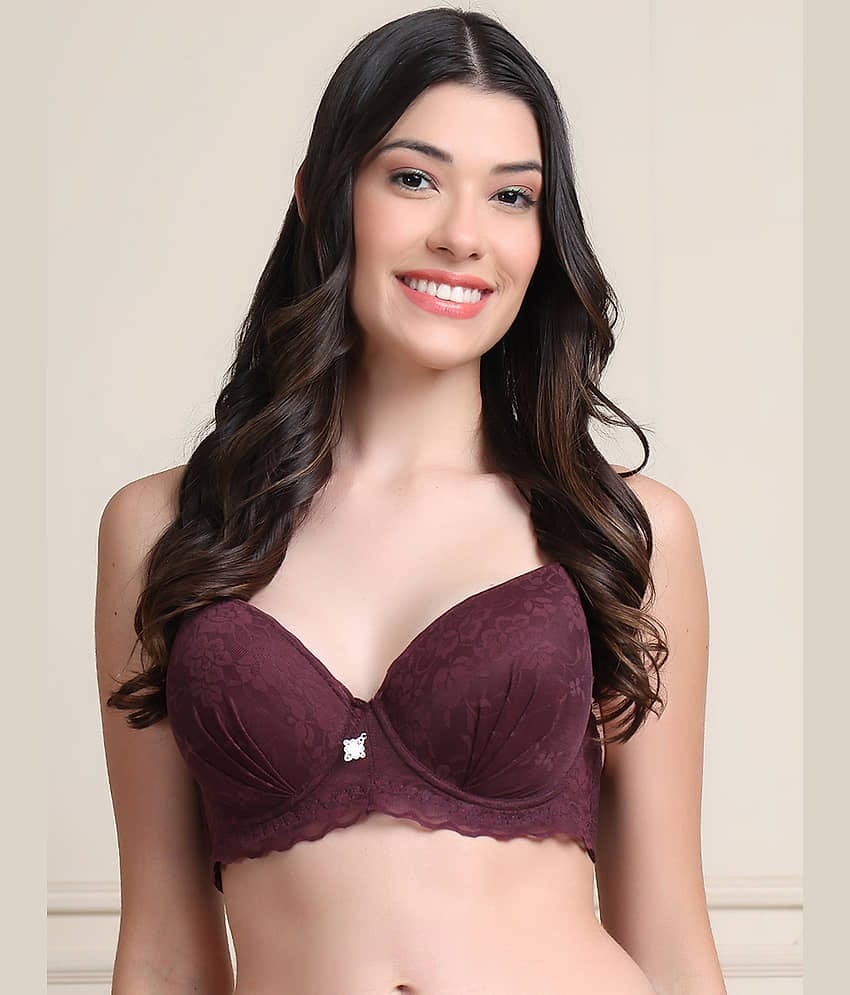 PrettyCat Pack of 1 Lace Lightly Padded Push Up Bra For Women ( Wine )