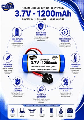 NOVEL 3.7V 18650 LITHIUM ION SM PIN BATTERY WITH CHARGING CABLE- 1200mAh