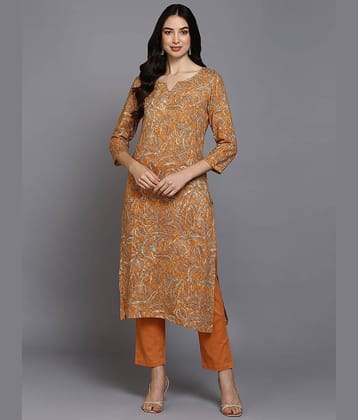 Vaamsi Cotton Blend Printed Straight Women's Kurti - Orange ( Pack of 1 )