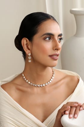 Kiran Rose Gold Polki Single Line Necklace Set-Polki