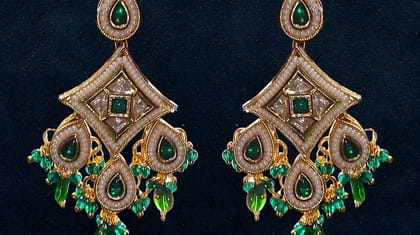 Meena Traditional Diamond-Shaped Drop Earrings (Green & Gold) | Intricate Ethnic Detailing | Festive & Wedding Wear