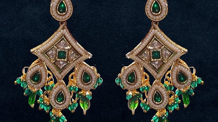 Meena Traditional Diamond-Shaped Drop Earrings (Green & Gold) | Intricate Ethnic Detailing | Festive & Wedding Wear