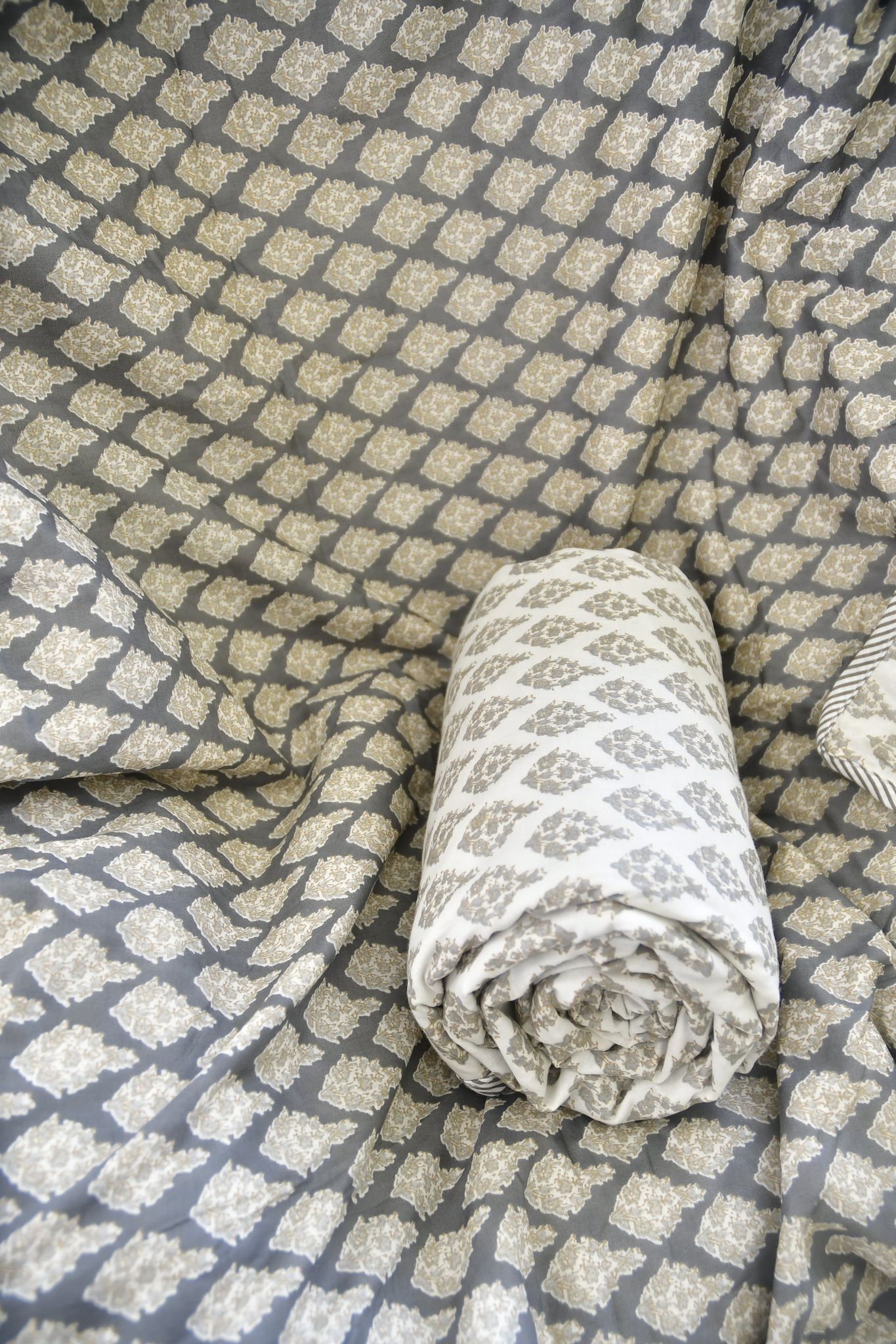 Grey Bagru Print Reversible Cotton DoharDouble