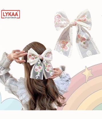 Lykaa Big Lace Bow Hairpin Flower White Bow with Floral Embroidery White Hair Clip For Girls & Women