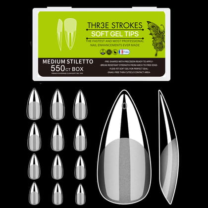 THR3E STROKES Soft GelNail Tips, Full Cover Clear Soft NailTips for Artificial False Nails Extension Nail Salons DIY NailArt with Box, 550PCS (MEDIUM STILLETO N20) THR3E STROKES Soft GelNail Tips, Full Cover Clear Soft NailTips for Artificial False Nails