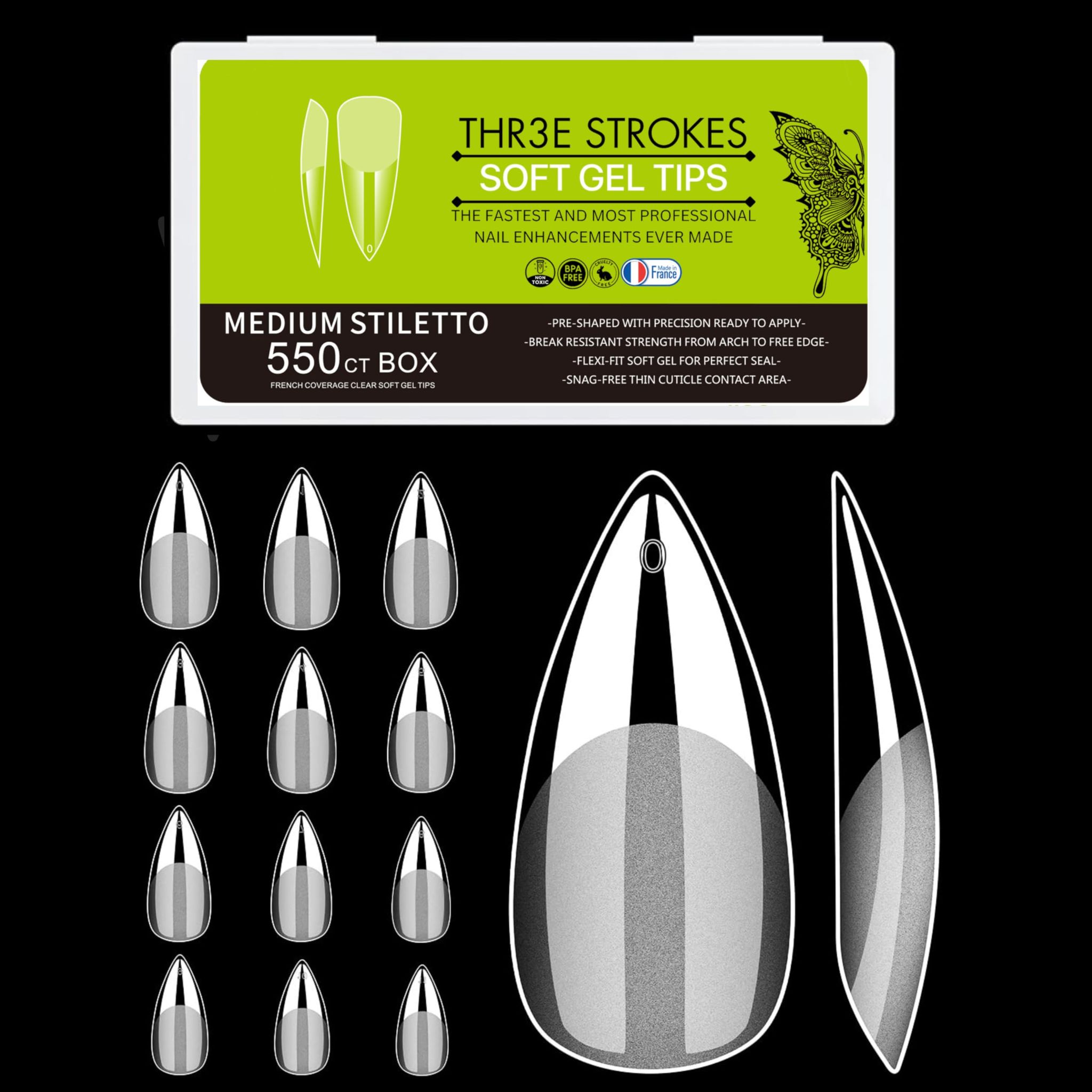 THR3E STROKES Soft GelNail Tips, Full Cover Clear Soft NailTips for Artificial False Nails Extension Nail Salons DIY NailArt with Box, 550PCS (MEDIUM STILLETO N20) THR3E STROKES Soft GelNail Tips, Full Cover Clear Soft NailTips for Artificial False Nails