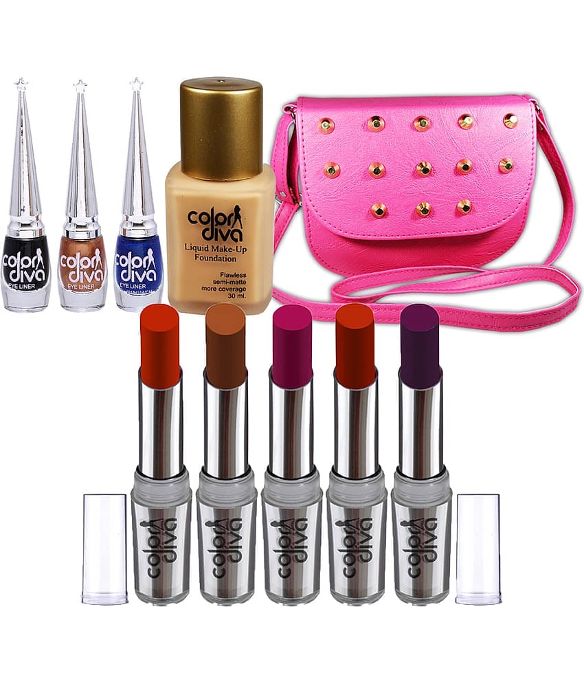 Color Diva Lipstick, Foundation, Bag & Liquid Eyeliner Multicolor Pack of 10 100