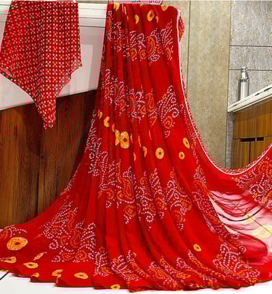 Women's Georgette Printed Saree with Unstitched Blouse (Red)