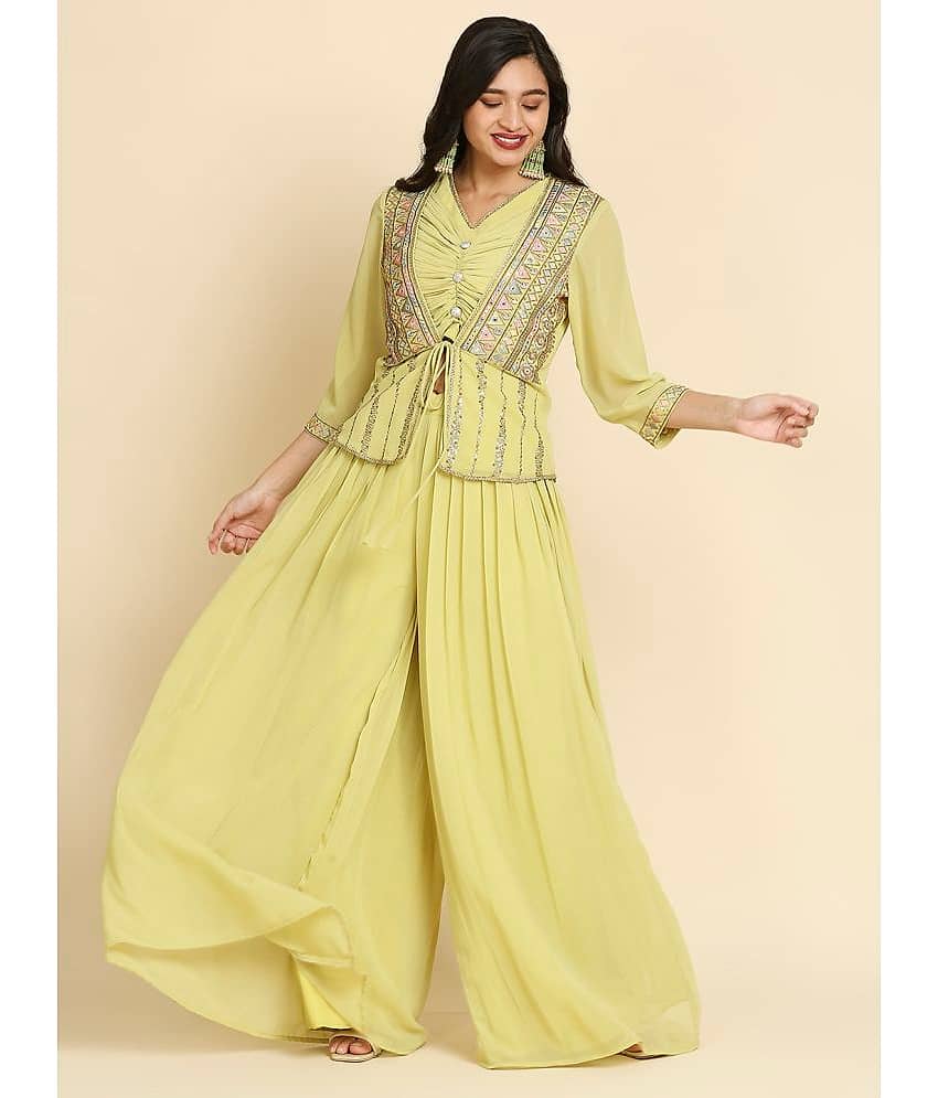 Madhuram Textiles - Yellow Jacket Style Georgette Women's Stitched Salwar Suit ( Pack of 1 )