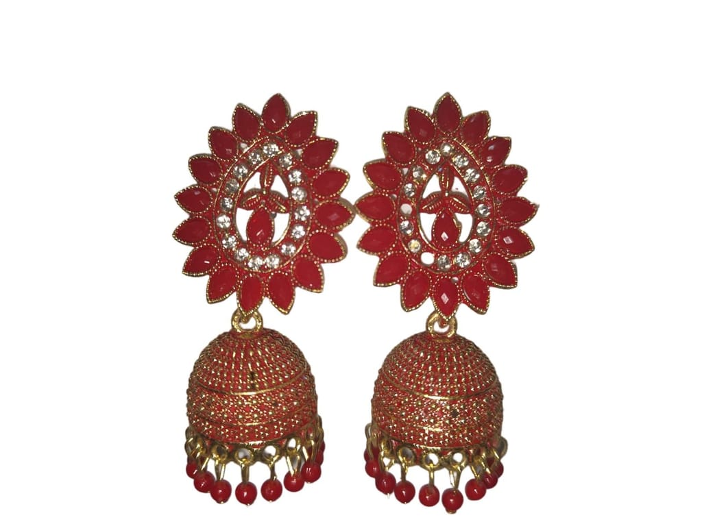 Red and gold jhumka earrings with intricate detailing