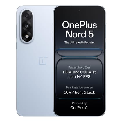 OnePlus Nord 5 | Snapdragon 8s Gen 3 | Stable 144FPS Gaming | Dual 50MP Flagship Camera | Powered by OnePlus AI | 8GB + 256GB | Dry Ice OnePlus Nord 5 | Snapdragon 8s Gen 3 | Stable 144FPS Gaming | Dual 50MP Flagship Camera | Powered by OnePlus AI | 8GB 