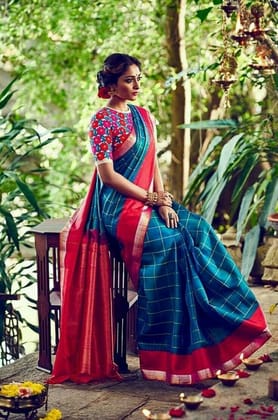 Classic Sky Blue and Pink Designer Silk Printed Sari J-89