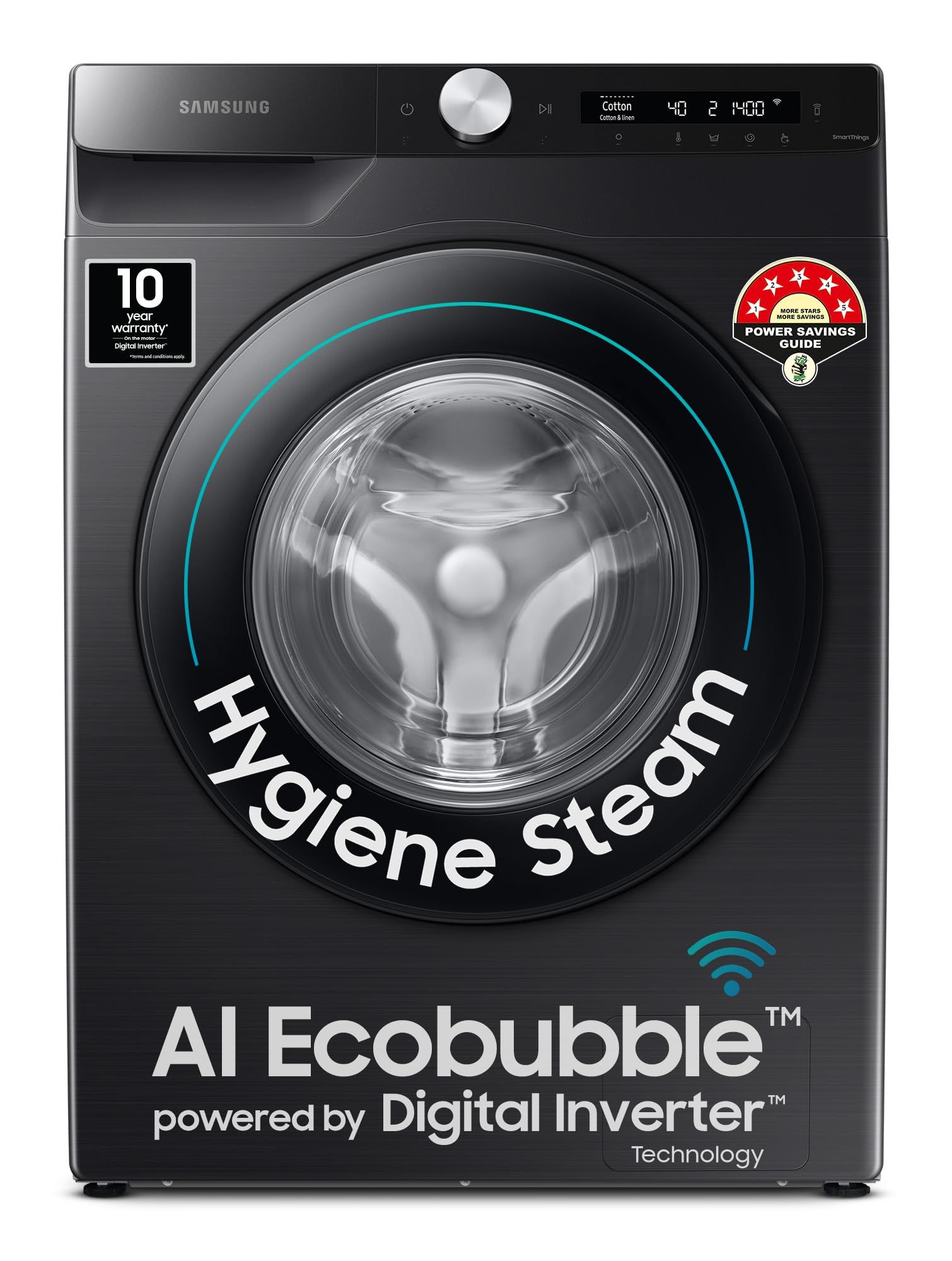 Samsung 8 kg, 5 star, Eco Bubble Technology, AI Control, Wi-Fi, Fully-Automatic Front Load Washing Machine (WW80T504DAB1TL, Hygiene Steam, Black Caviar, Awarded as Washing Machine Brand of the year) Samsung 8 kg, 5 star, Eco Bubble Technology, AI Control