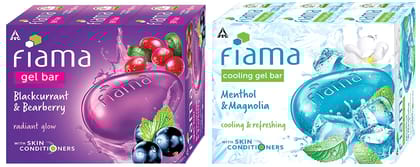 Fiama Cooling Gel Bathing Bar Menthol & Magnolia, With Skin Conditioners For Moisturized Skin, 125 G Soap (Pack Of 3) & Gel Bar Blackcurrant And Bearberry 125 G Soap (Pack Of 3)