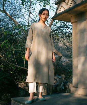 Beige handwoven cotton extra weft kurta