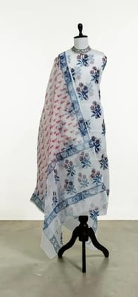 Indigo Kota Doria Cotton-Silk Dress Material with Dupatta