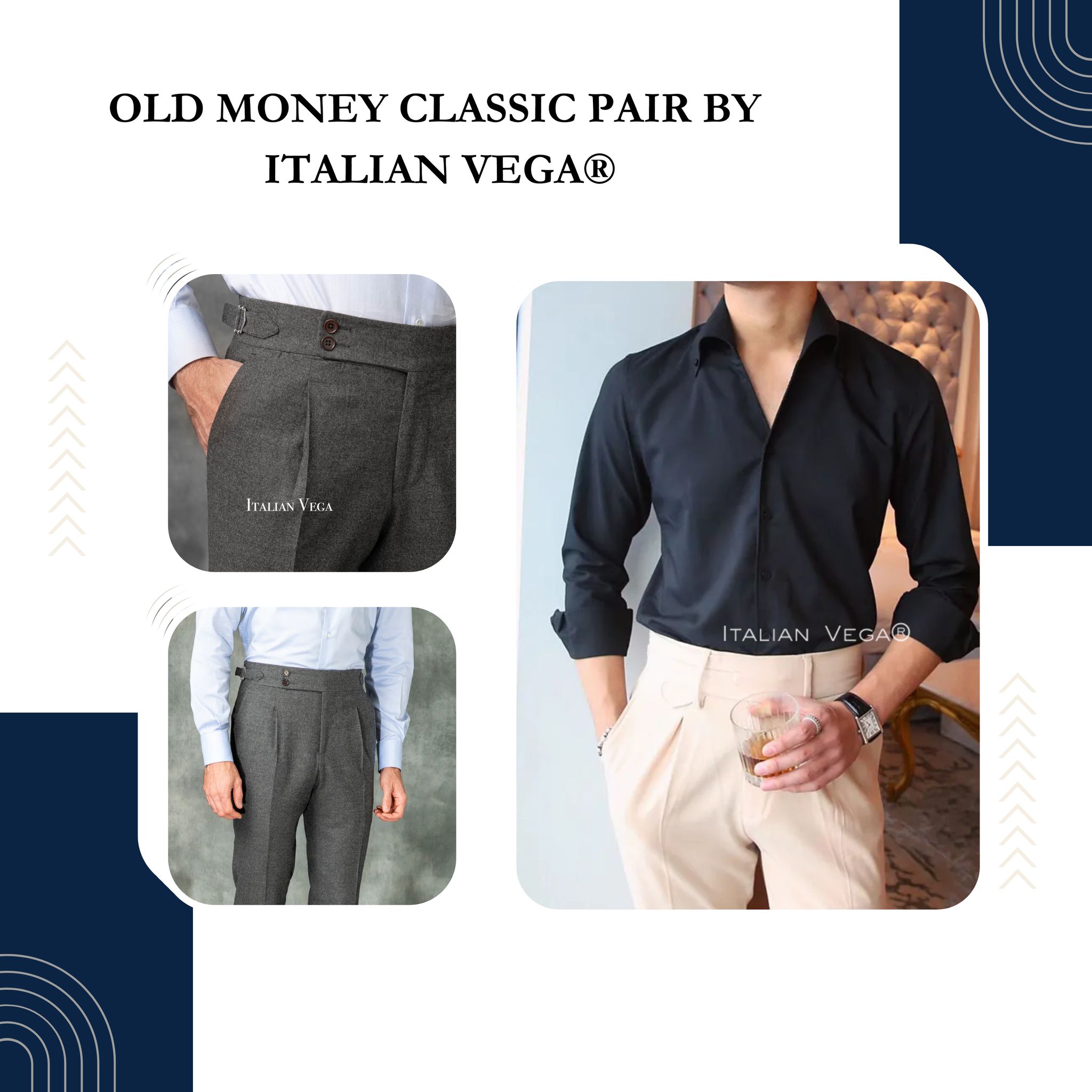 Old Money Black Shirt with Anthracite Flannel Signature Buttoned Gurkha Pant by ITALIAN VEGA®-M / 28