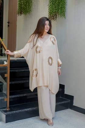 Shafa Beige Sequins Detailing Co ord Sets-M