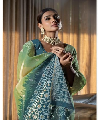 Women's Mulmul Cotton Printed Saree with Unstitched Blouse (Green, 5-6 Mtrs)