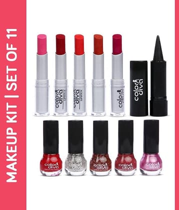 Color Diva Lipsticks, Nail Paints With Kajal Combo Set of 11, C-531 Makeup Kit