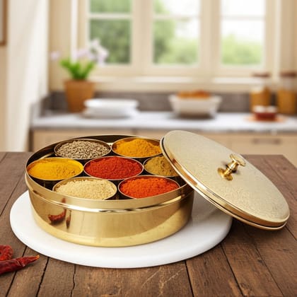 Brass Spice Box, Masala Box Set With Spoon (ZMAS585 A)