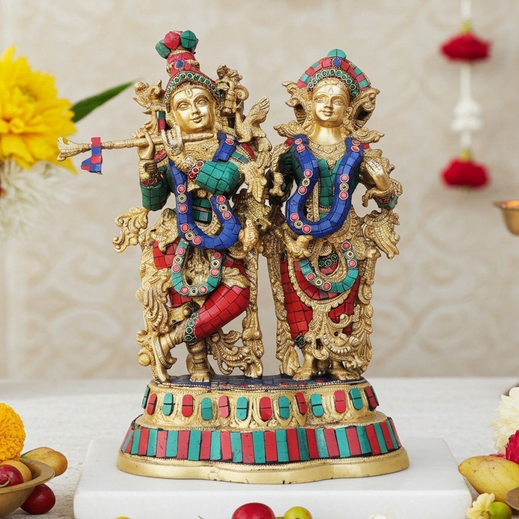 Brass Radha Krishna Idol With Base - Decorative Religious Showpiece, Height : 17 Inch (BSMAS939 B)